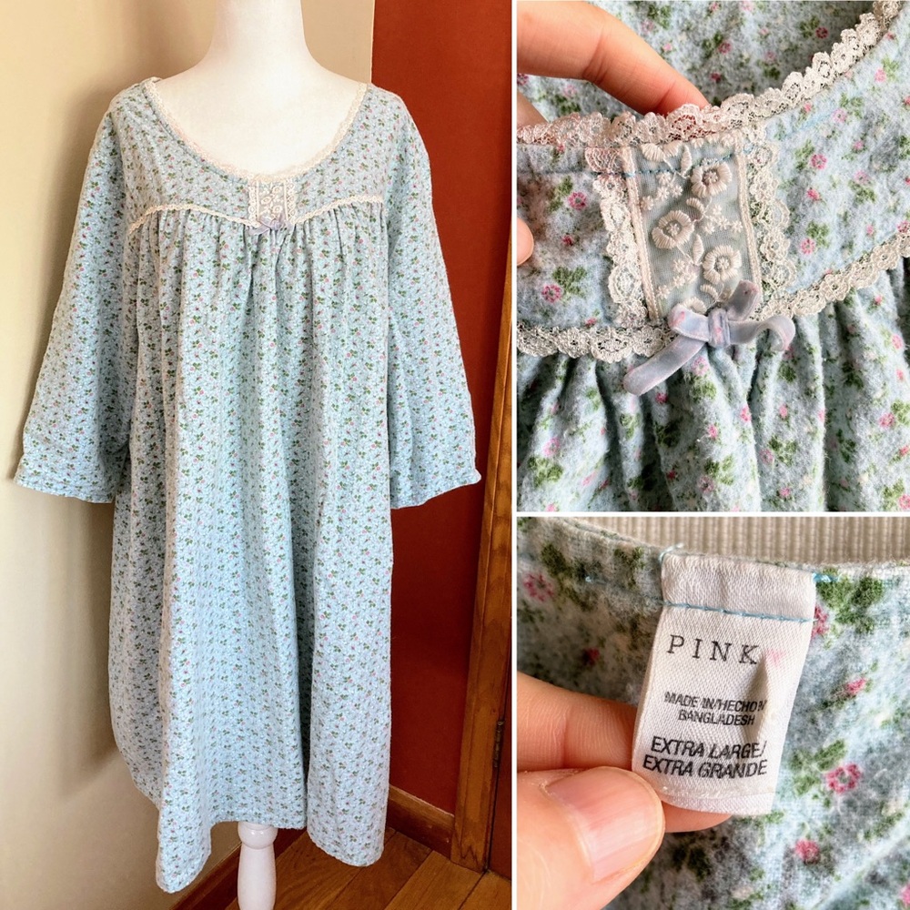 Victoria’s Secret PINK 100% Cotton Blue Flannel Floral Lace Trim Nightgown XL
